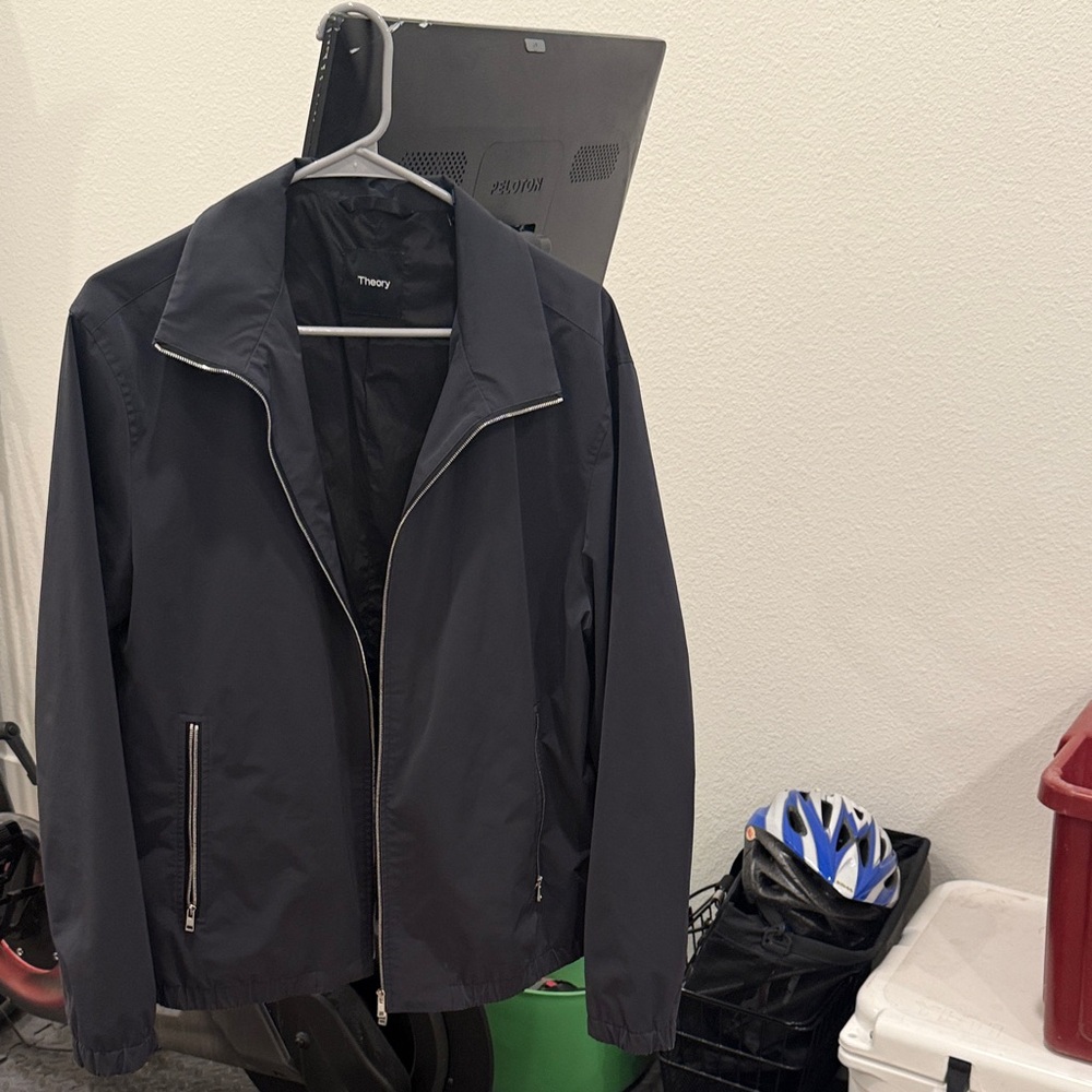 Theory Men's Black Windbreaker Jacket with Silver Zipper